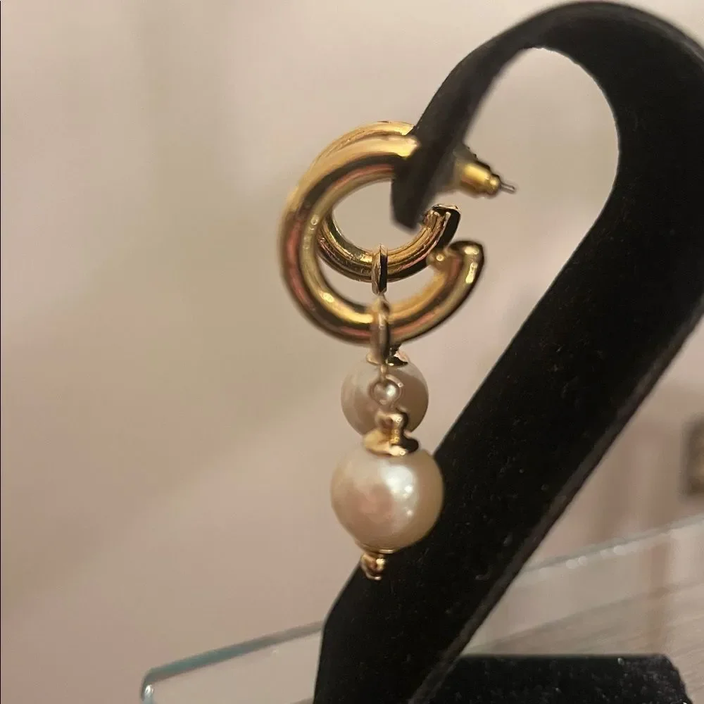 Vintage Gold-tone Hoops with Faux Pearl Charms- Drops - Picture 7 of 16